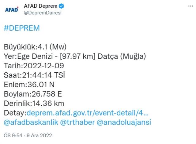 Muğla'nın Datça ilçesinde 4.1 büyüklüğünde deprem meydana geldi Muğla'nın Datça ilçesinde 4.1 büyüklüğünde deprem meydana geldi