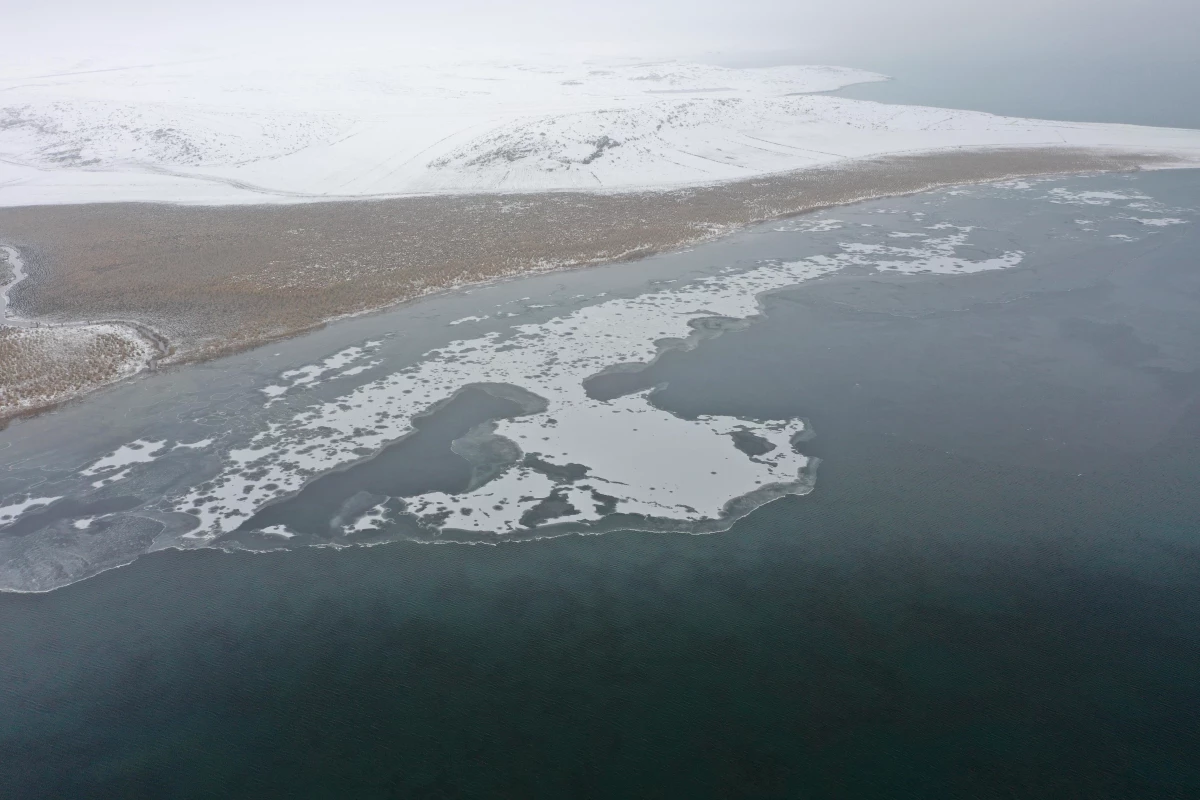 Çıldır Gölü\'nün yüzeyi soğuk hava nedeniyle donmaya başladı