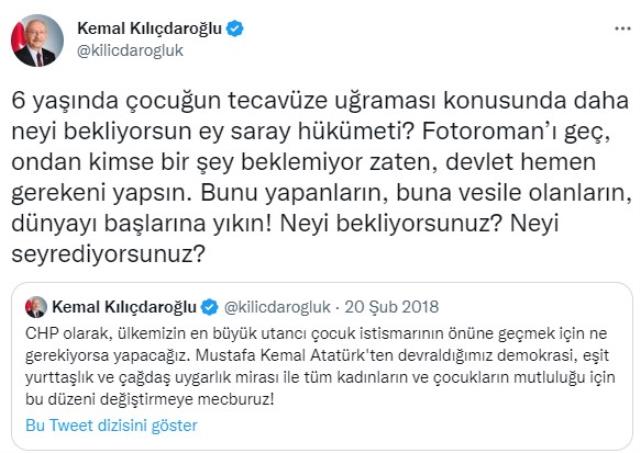 Kılıçdaroğlu'ndan '6 yaşındaki çocuğa cinsel istismar' tepkisi: Dünyayı başlarına yıkın, neyi bekliyorsunuz? Kılıçdaroğlu'ndan '6 yaşındaki çocuğa cinsel istismar' tepkisi: Dünyayı başlarına yıkın, neyi bekliyorsunuz?