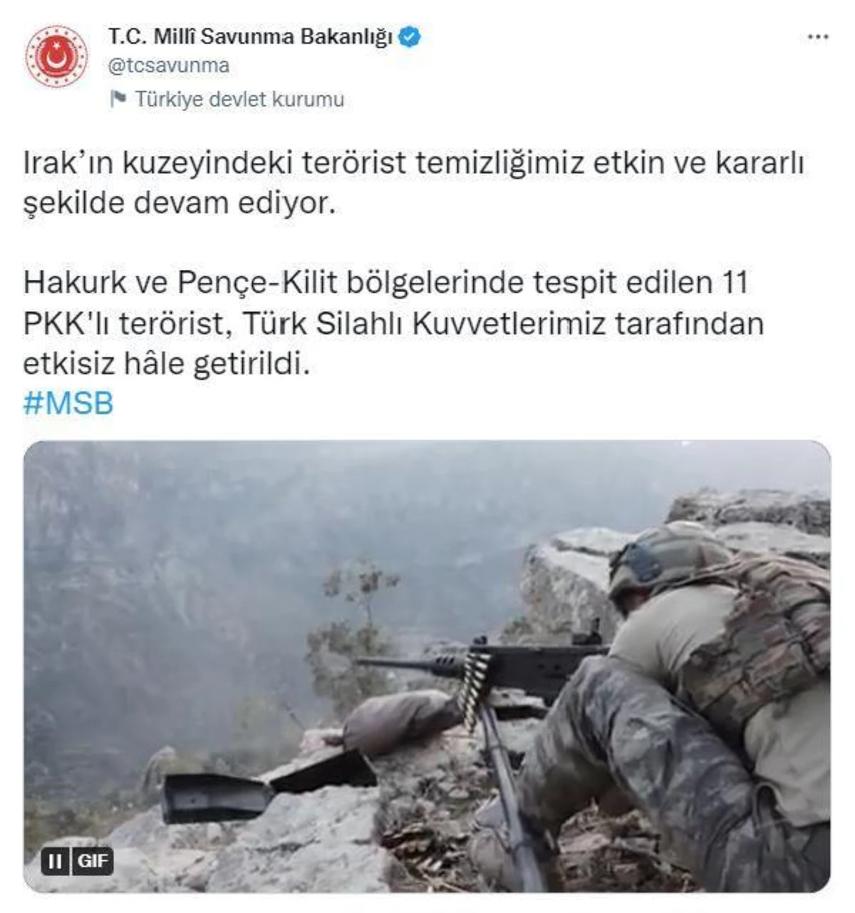 MSB: 11 PKK\'lı terörist etkisiz hale getirildi
