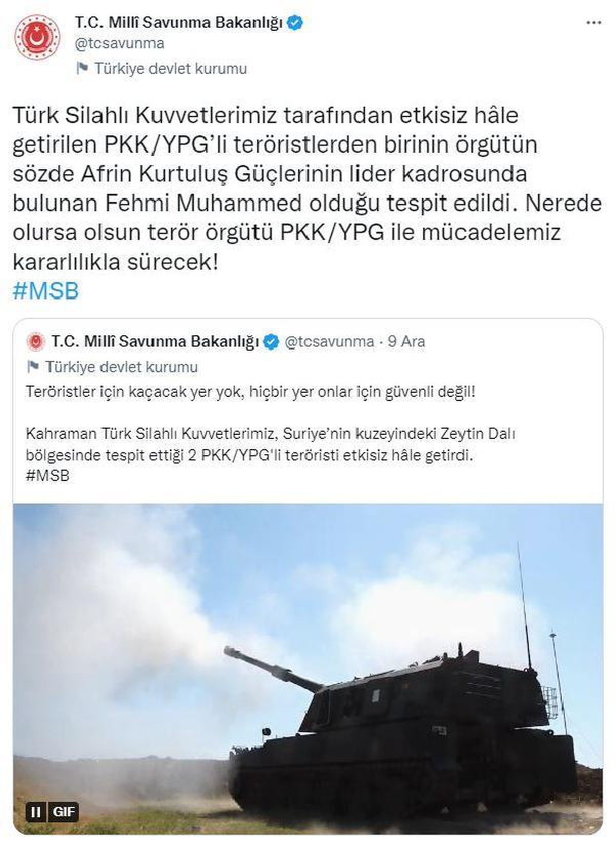 MSB: PKK/YPG\'nin lider kadrosunda bulunan terörist etkisiz hale getirildi