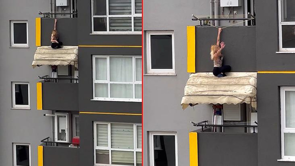 Kocaeli'de korkutan anlar! Balkon tentesine oturan alkollü kadın yürekleri ağza getirdi