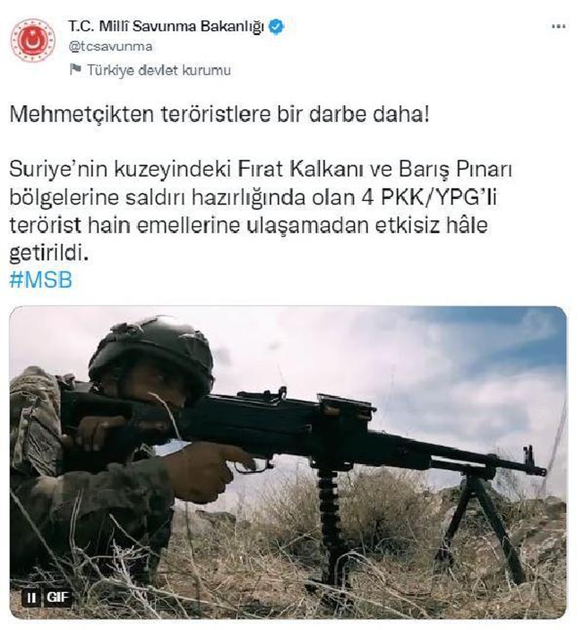 MSB: Saldırı hazırlığındaki 4 terörist etkisiz hale getirildi