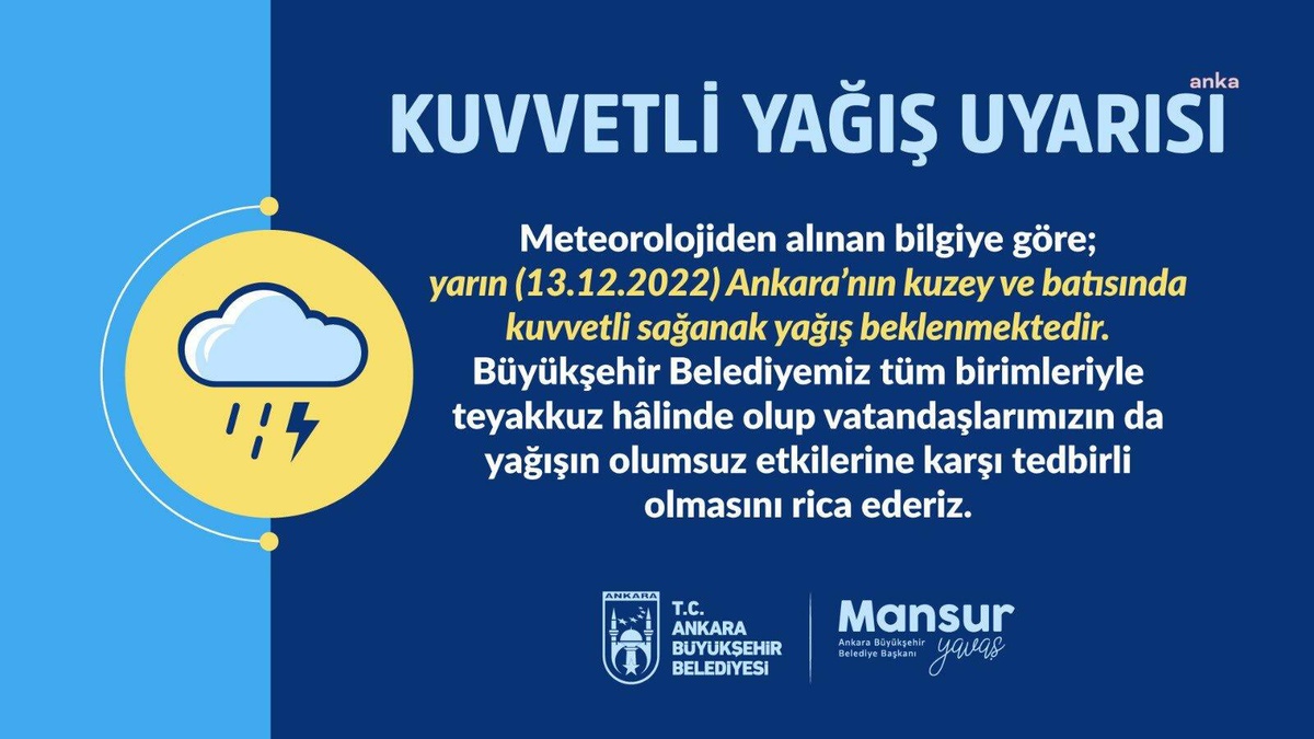 Ankara Büyükşehir Belediyesi Yarın Yaşanacak Kuvvetli Yağış İçin Vatandaşları Uyardı