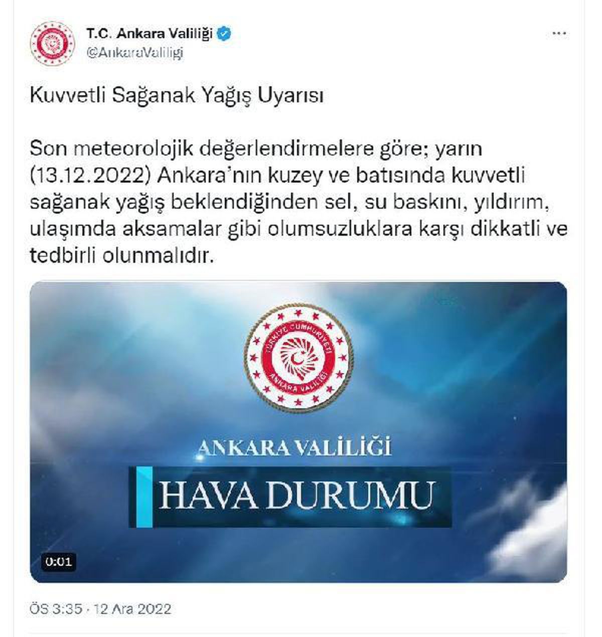 Ankara Valiliği\'nden \'sağanak\' uyarısı