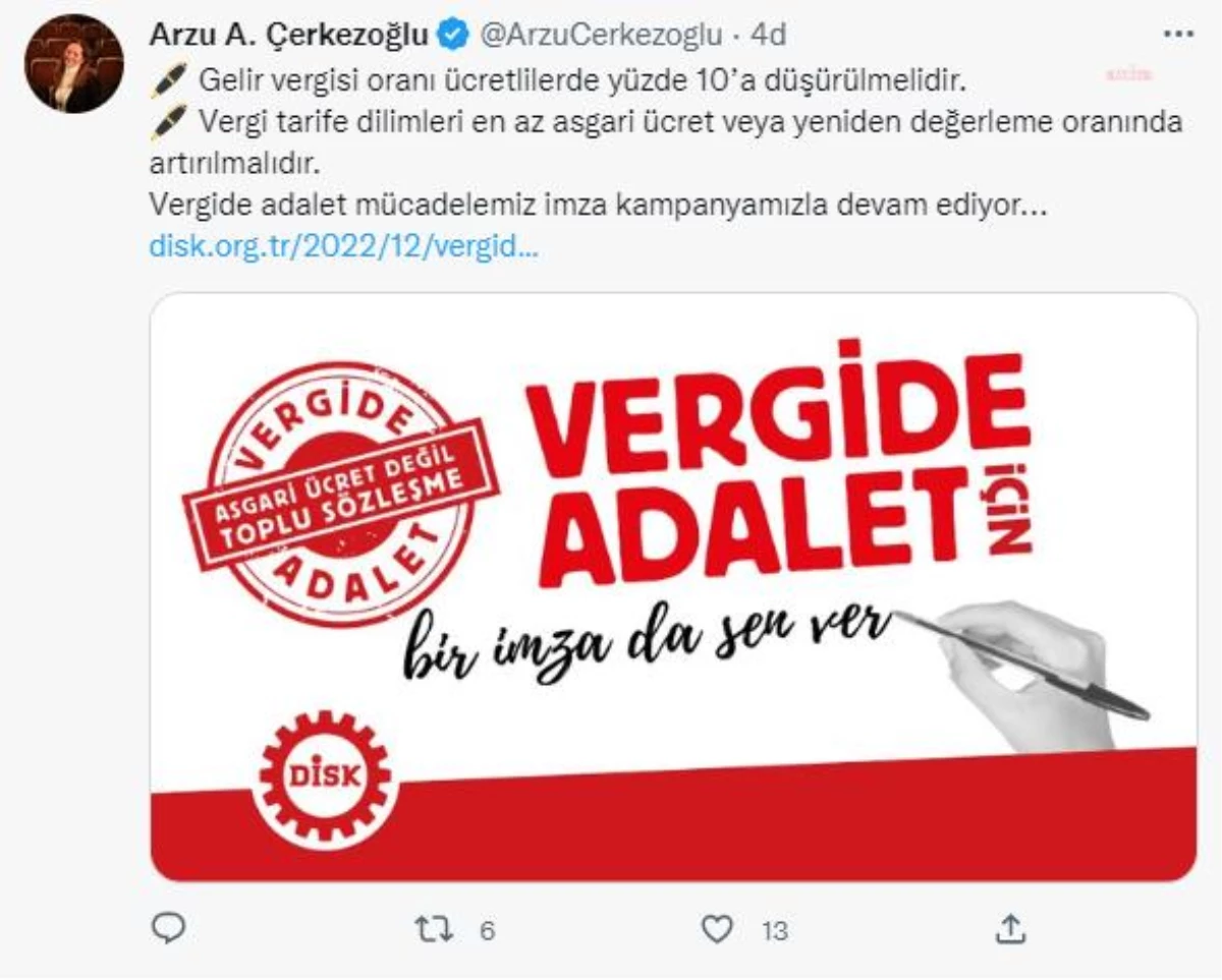 Disk, "Vergide Adalet" İçin İmza Kampanyası Başlattı... Çerkezoğlu: "Vergi Tarife Dilimleri, En Az Asgari Ücret Oranında Artırılmalı"