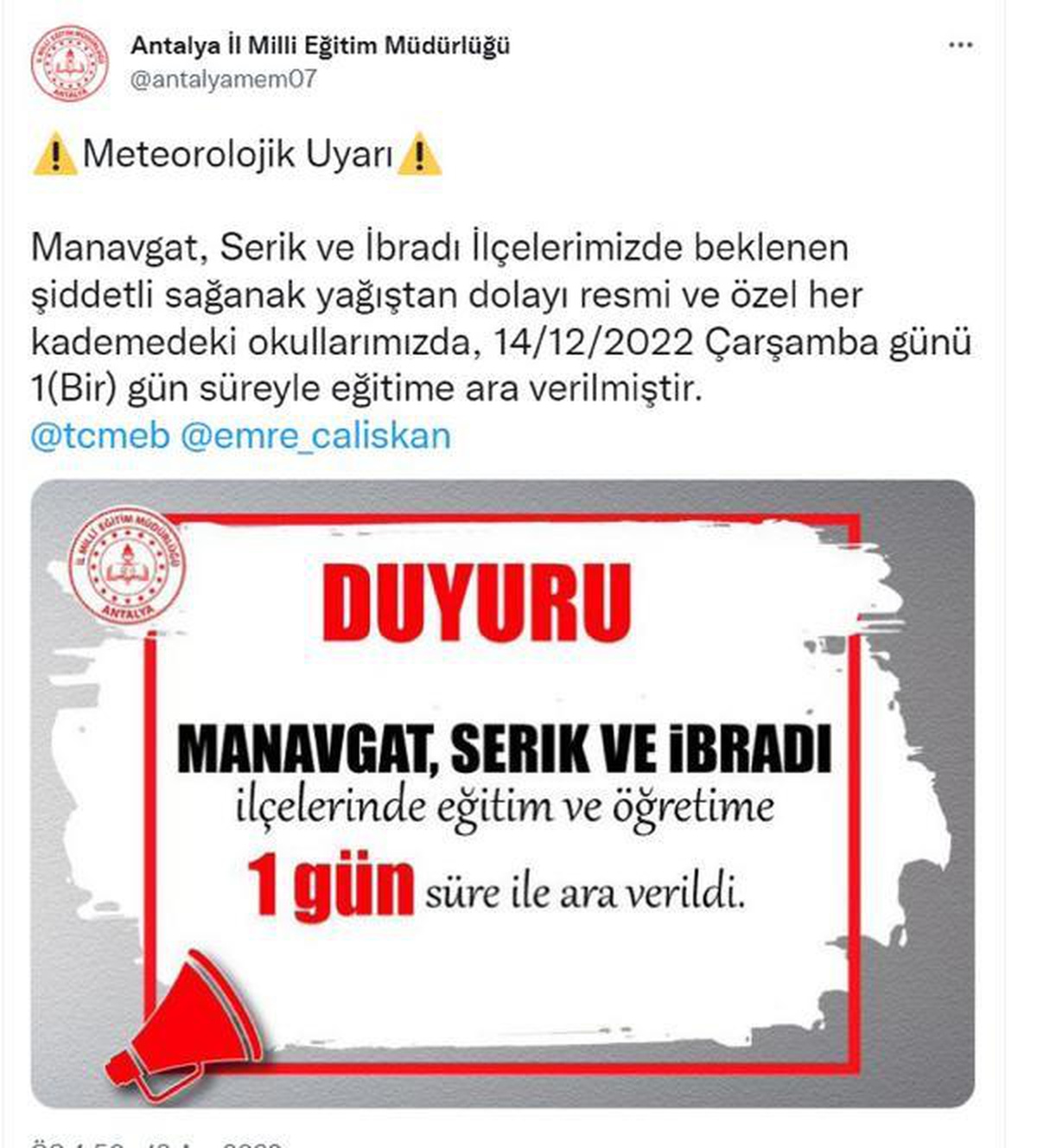 Antalya\'nın 3 ilçesinde beklenen yağış nedeniyle eğitime bir gün ara verildi