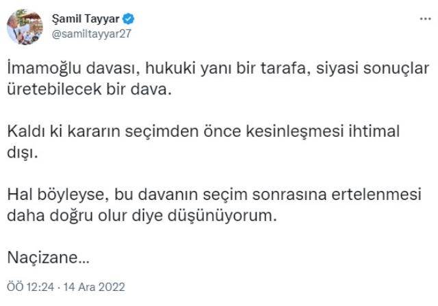 AK Partili Tayyar'dan İmamoğlu yorumu: Rakibimizi 6'lı masa değil mahkeme belirledi