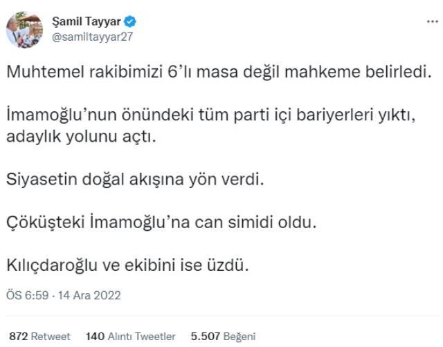 AK Partili Tayyar'dan İmamoğlu yorumu: Rakibimizi 6'lı masa değil mahkeme belirledi