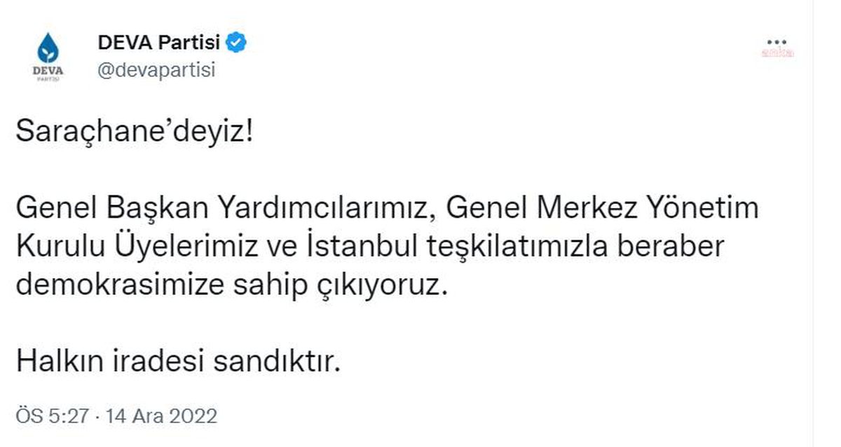 Deva Partisi\'den İmamoğlu Mesajı: "Saraçhane\'deyiz! Halkın İradesi Sandıktır"