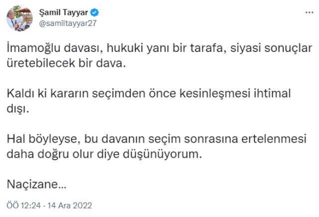 Ekrem İmamoğlu'nun yargılandığı dava öncesi AK Partili Şamil Tayyar'dan dikkat çeken paylaşım