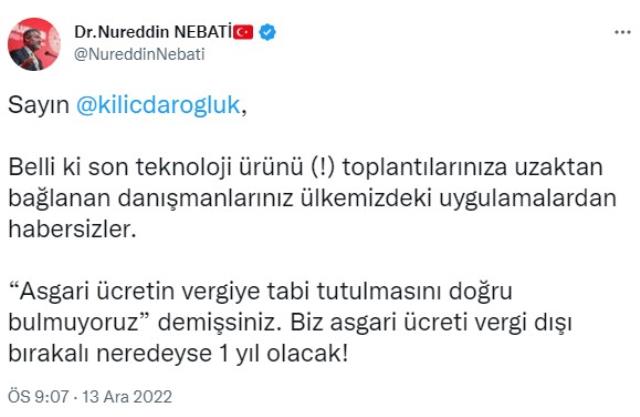 Kılıçdaroğlu'nun asgari ücretin vergiye tabi tutulmaması çağrısına Bakan Nebati'den yanıt: Vergi dışı bırakalı neredeyse 1 yıl olacak Kılıçdaroğlu'nun asgari ücretin vergiye tabi tutulmaması çağrısına Bakan Nebati'den yanıt: Vergi dışı bırakalı neredeyse 1 yıl olacak
