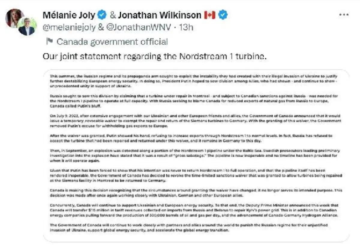 Kanada, Kuzey Akım 1\'in doğalgaz türbinlerinin yaptırım muafiyetini kaldırdı