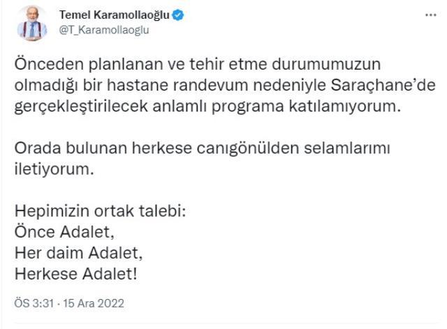 Saadet Partisi lideri Karamollaoğlu, Saraçhane buluşmasına dakikalar kala katılamayacağını açıkladı Saadet Partisi lideri Karamollaoğlu, Saraçhane buluşmasına dakikalar kala katılamayacağını açıkladı