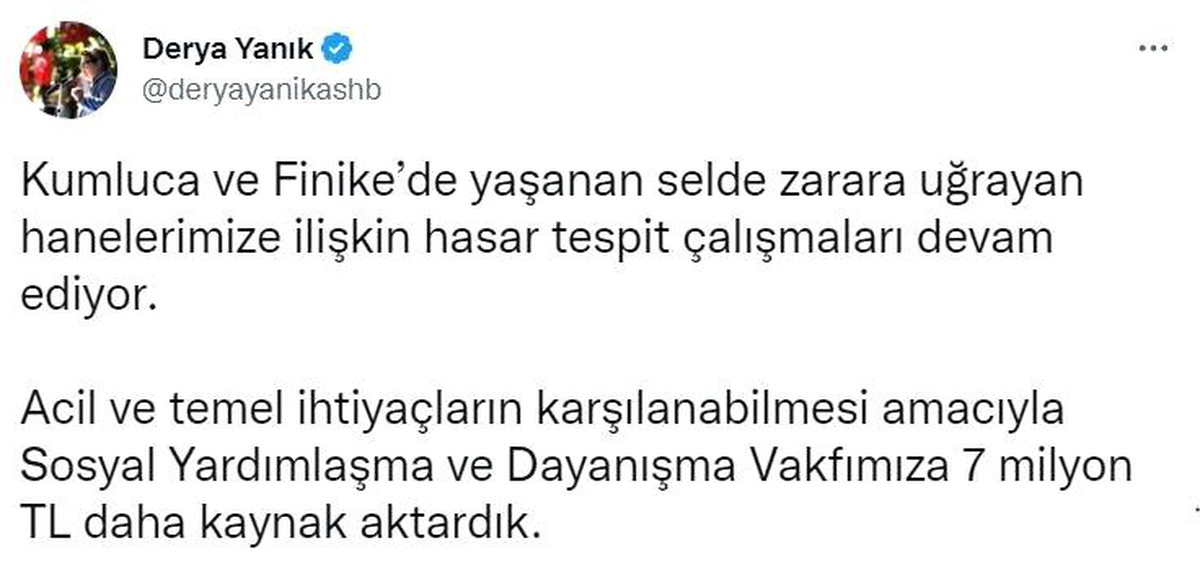 Kumluca ve Finike\'de selden etkilenenler için 7 milyon lira daha kaynak aktarıldı