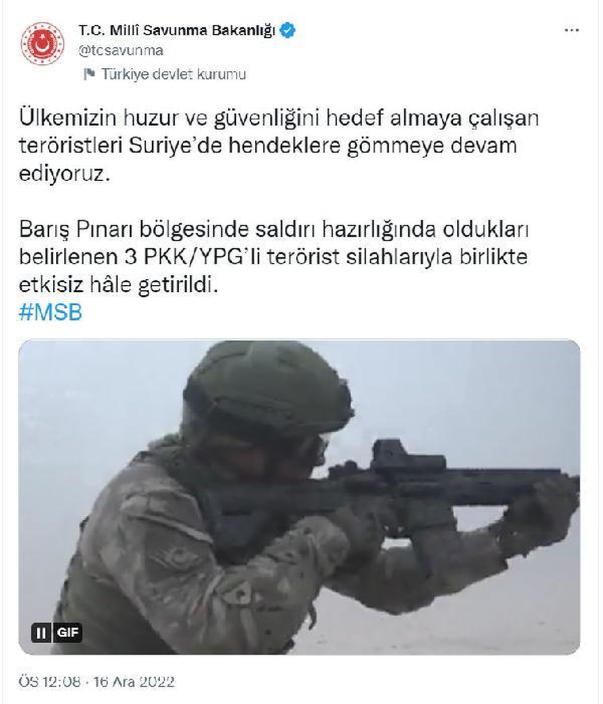 MSB: 3 PKK/YPG\'li terörist etkisiz hale getirildi