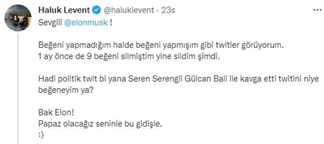 Twitter hesabından kontrolü dışında beğeniler yapıldığını gören Haluk Levent, Elon Musk'a seslendi: Papaz olacağız seninle Twitter hesabından kontrolü dışında beğeniler yapıldığını gören Haluk Levent, Elon Musk'a seslendi: Papaz olacağız seninle