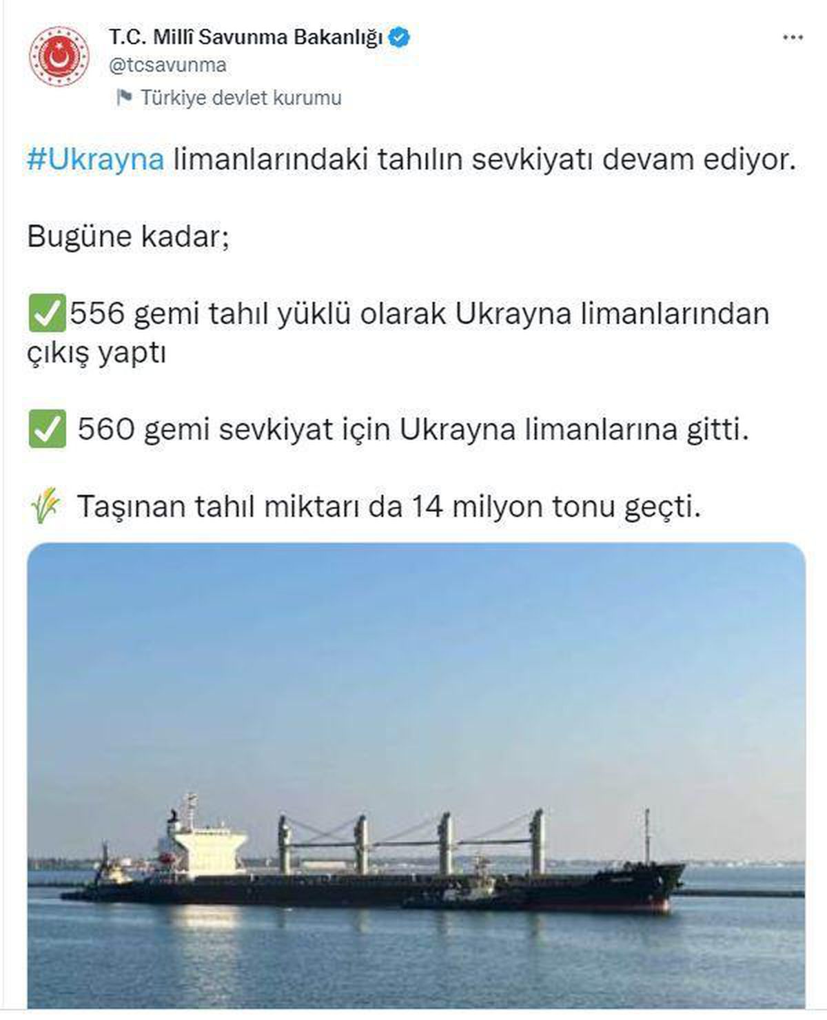 MSB: Ukrayna limanlarından 14 milyon ton tahıl taşındı