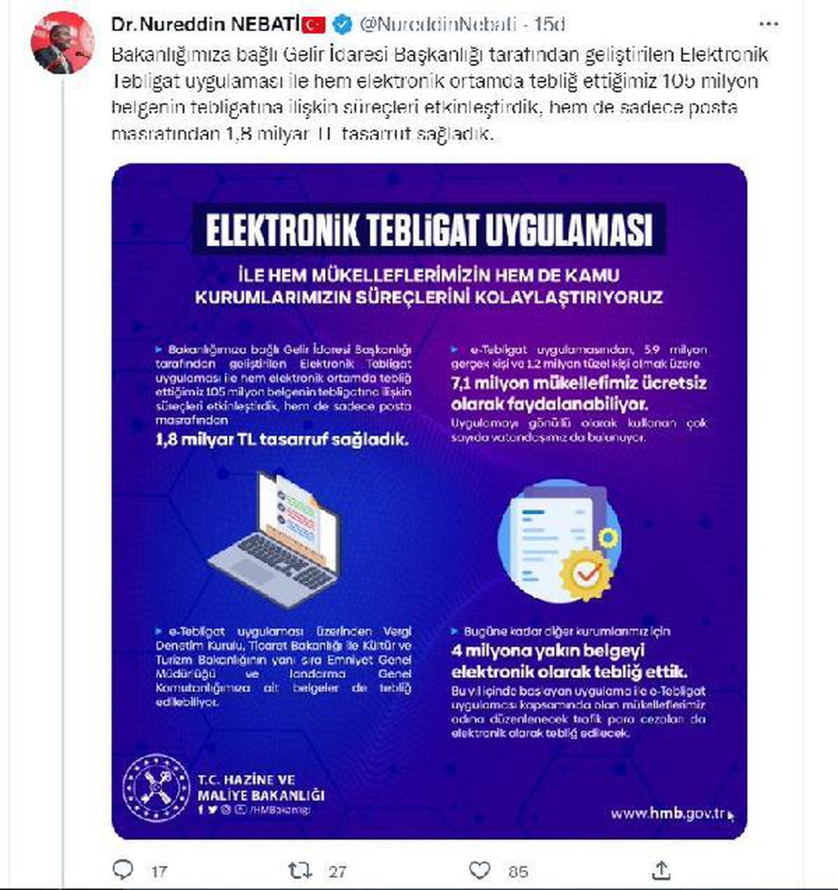 Bakan Nebati, e-Tebligat uygulamasına ilişkin verileri paylaştı Açıklaması