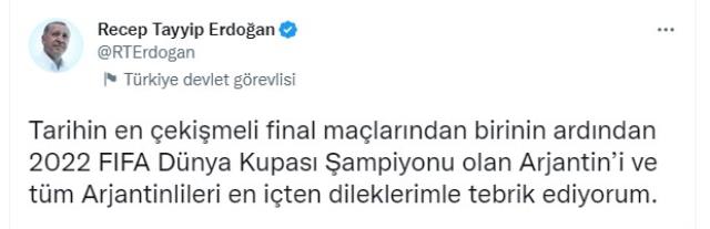 Finalin heyecanını tribünden takip eden Erdoğan'dan Arjantin'in zaferini böyle kutladı Finalin heyecanını tribünden takip eden Erdoğan'dan Arjantin'in zaferini böyle kutladı