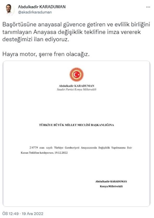 AK Parti'nin başörtüsü teklifine 6'lı masadan ilk somut destek! Saadet Partili vekil imza verdi