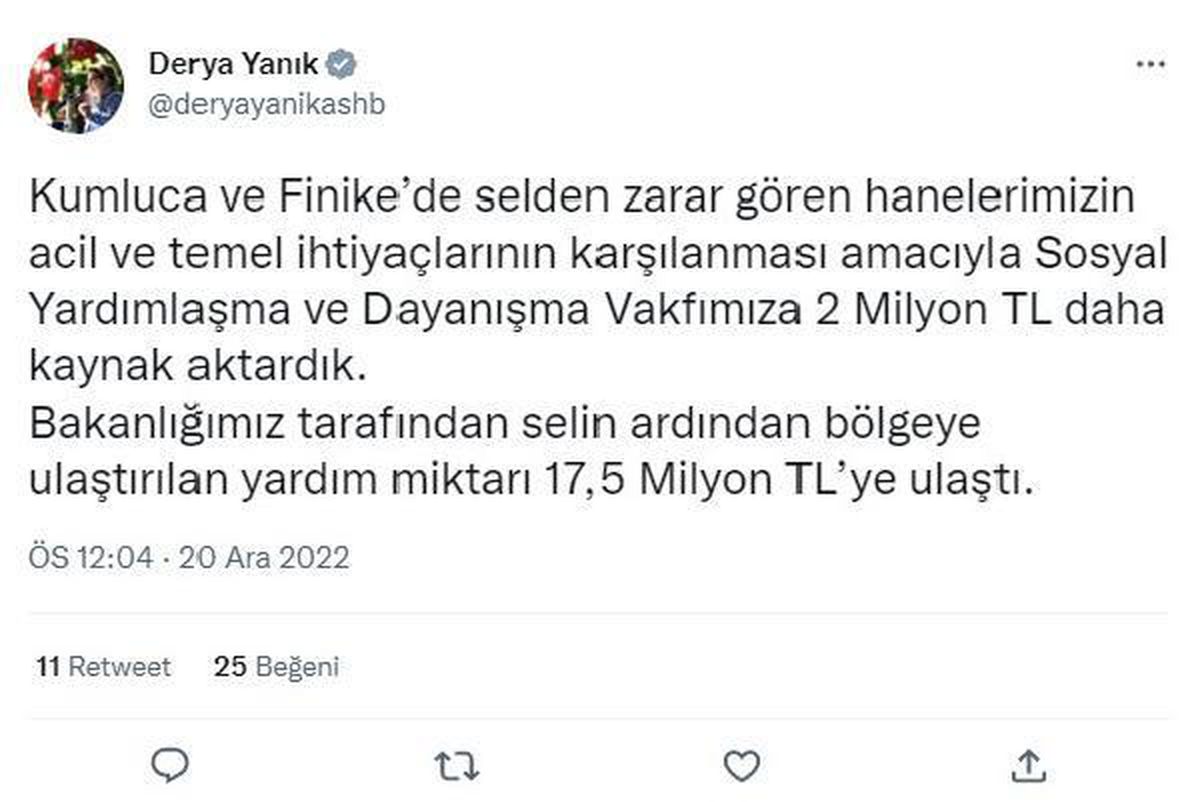 Bakan Yanık: Antalya\'ya ulaştırılan yardım miktarı 17,5 milyon TL oldu