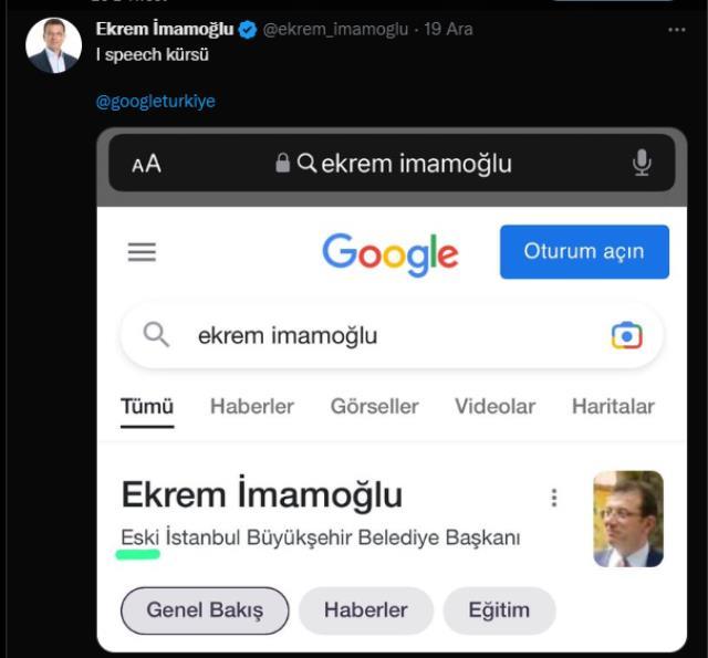 Google İmamoğlu için kullandığı 'Eski İstanbul Büyükşehir Belediye Başkanı' ifadesini düzetti