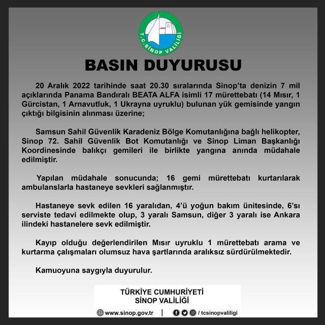Sinop açıklarında 17 personelin bulunduğu kuru yük gemisinde yangın çıktı: 10'u ağır 16 yaralı, kaptan kayıp