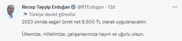 Cumhurbaşkanı Erdoğan açıkladı: 2023 yılı asgari ücreti 8 bin 500 TL oldu