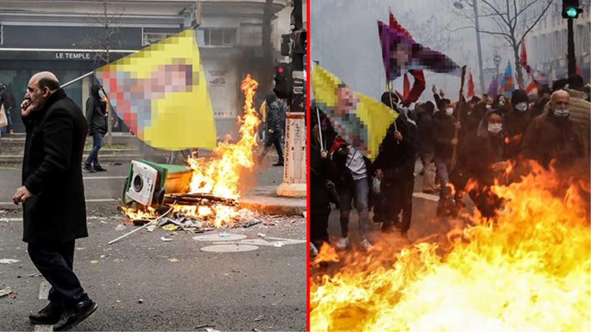 Paris\'i savaş alanına çeviren protestocular, terör örgütü PKK\'nın sözde bayraklarını ve elebaşı Abdullah Öcalan\'ın posterlerini taşıdı