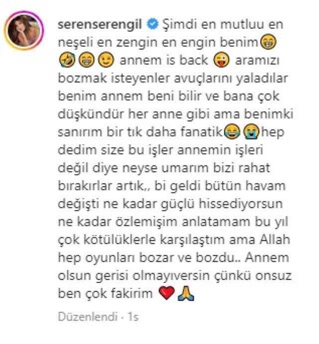 Seren Serengil, annesiyle küs olduğu iddialarına noktayı koydu! Paylaştığı fotoğraf bomba