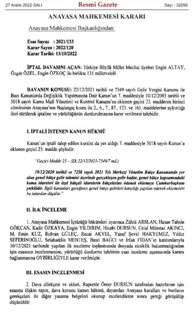 Anayasa Mahkemesi, Cumhurbaşkanı Erdoğan'ın bütçeye ödenek ekleme yetkisini iptal etti