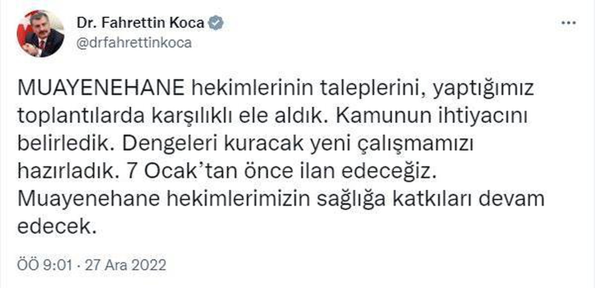 Bakan Koca: Muayenehane hekimleri ile ilgili çalışma 7 Ocak\'tan önce ilan edilecek
