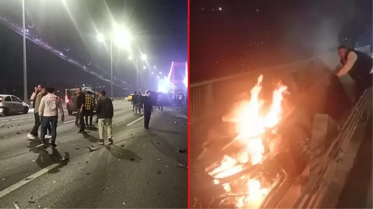 Fatih Sultan Mehmet Köprüsü\'nde çok sayıda araç birbirine girdi! Takla atan otomobil alev aldı