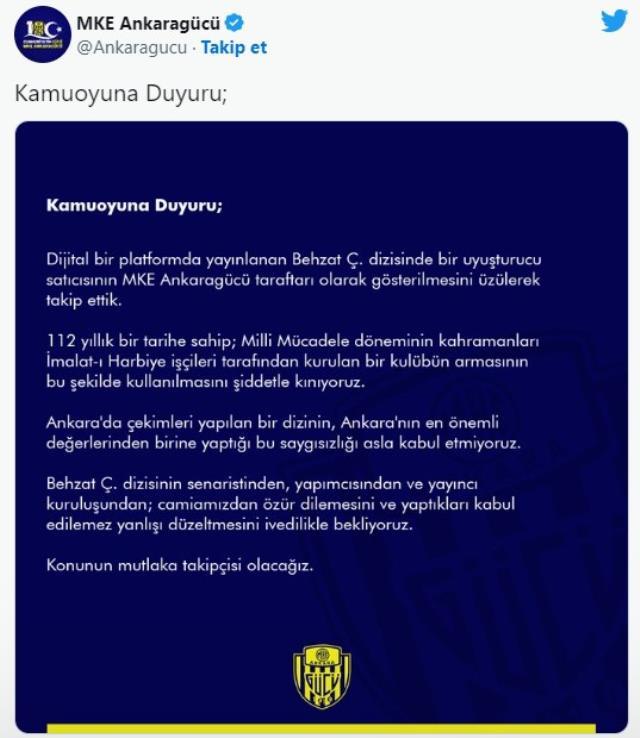 Ankaragücü Kulübü'nden Behzat Ç. dizisine tepki: Özür dileyin