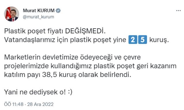 Bakan Kurum'dan plastik poşet açıklaması: Ne dediysek o, fiyatı vatandaşlarımız için yine 25 kuruş Bakan Kurum'dan plastik poşet açıklaması: Ne dediysek o, fiyatı vatandaşlarımız için yine 25 kuruş
