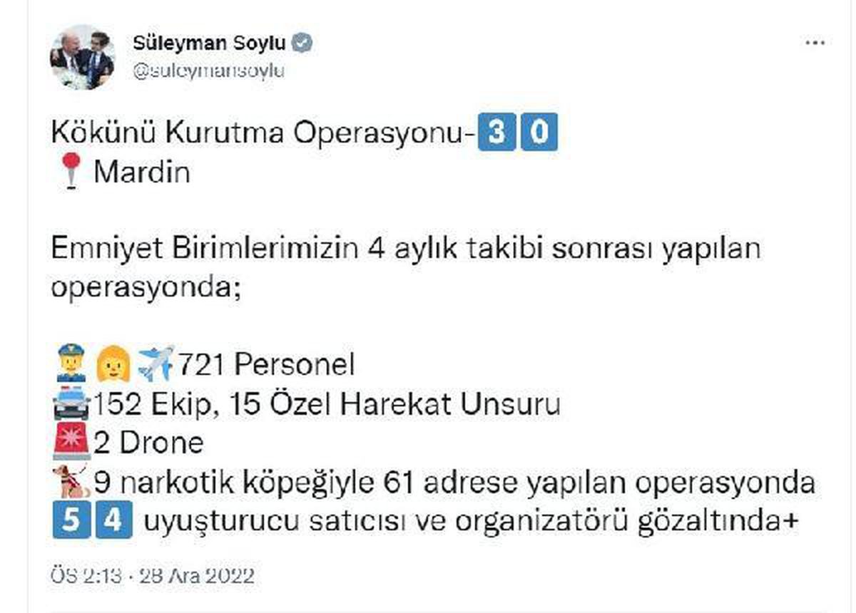 Bakan Soylu: Mardin\'de 54 uyuşturucu satıcısı ve organizatör gözaltına alındı