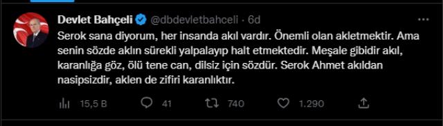Devlet Bahçeli'den Ahmet Davuoğlu'nun sözlerine sert yanıt: Serok Ahmet akıldan nasipsizdir, aklen de zifiri karanlıktır Devlet Bahçeli'den Ahmet Davuoğlu'nun sözlerine sert yanıt: Serok Ahmet akıldan nasipsizdir, aklen de zifiri karanlıktır