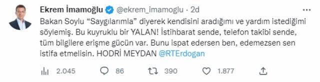 İmamoğlu'ndan Bakan Soylu'ya jet yanıt: İspat edersen ben edemezsen sen istifa etmelisin İmamoğlu'ndan Bakan Soylu'ya jet yanıt: İspat edersen ben edemezsen sen istifa etmelisin