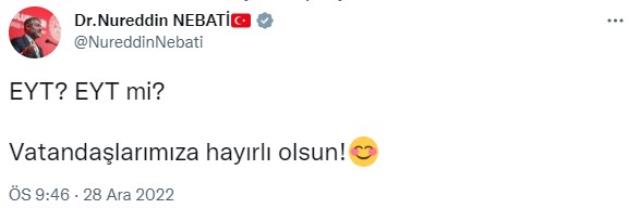 İlk kez duyuyormuş gibi yapmıştı! EYT düzenlemesinin ardından Nebati'den dikkat çeken paylaşım İlk kez duyuyormuş gibi yapmıştı! EYT düzenlemesinin ardından Nebati'den dikkat çeken paylaşım