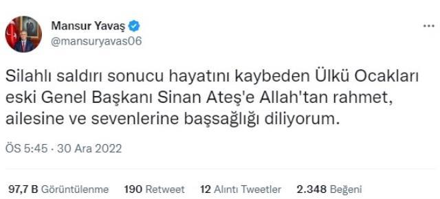 Mansur Yavaş, Sinan Ateş'in ölümüne kayıtsız kalamadı! İşte tek cümlelik paylaşım