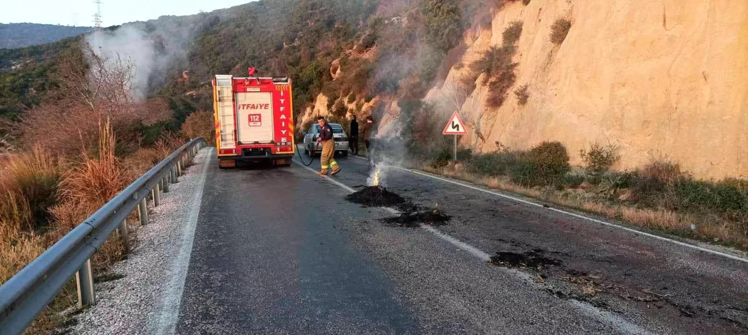 Erdek\'te saman yüklü kamyon alev aldı