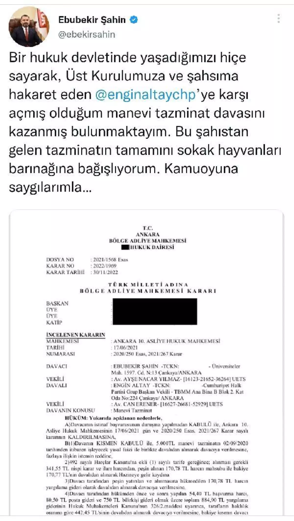 RTÜK Başkanı Şahin, CHP\'li Altay\'a karşı açtığı \'tazminat\' davasını kazandı