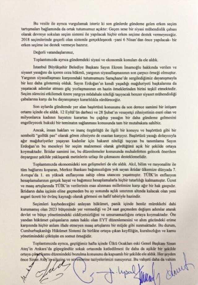 6'lı masanın 10 saat süren toplantısından sonra ilk açıklama geldi! Aday için istişareler başlıyor