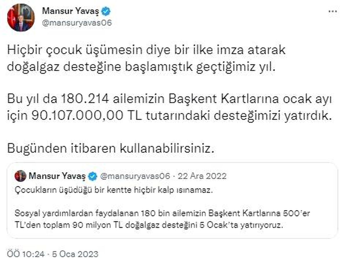 Ankara Büyükşehir\'den 180 bin aileye doğal gaz desteği