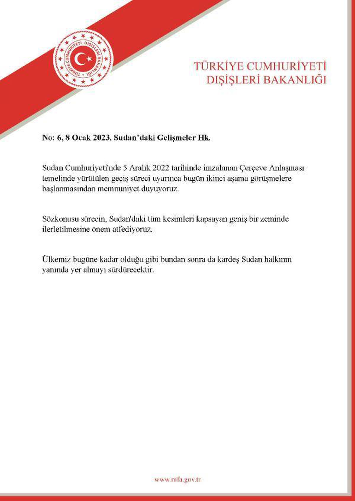Dışişleri\'nden Sudan\'da imzalanan \'Çerçeve Anlaşması\'na ilişkin açıklama