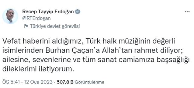 Cumhurbaşkanı Erdoğan'dan sanatçı Burhan Çaçan için taziye mesajı