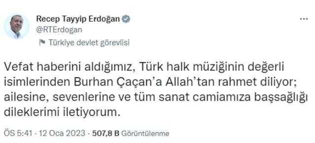 Cumhurbaşkanı Erdoğan'dan sanatçı Burhan Çaçan için taziye mesajı