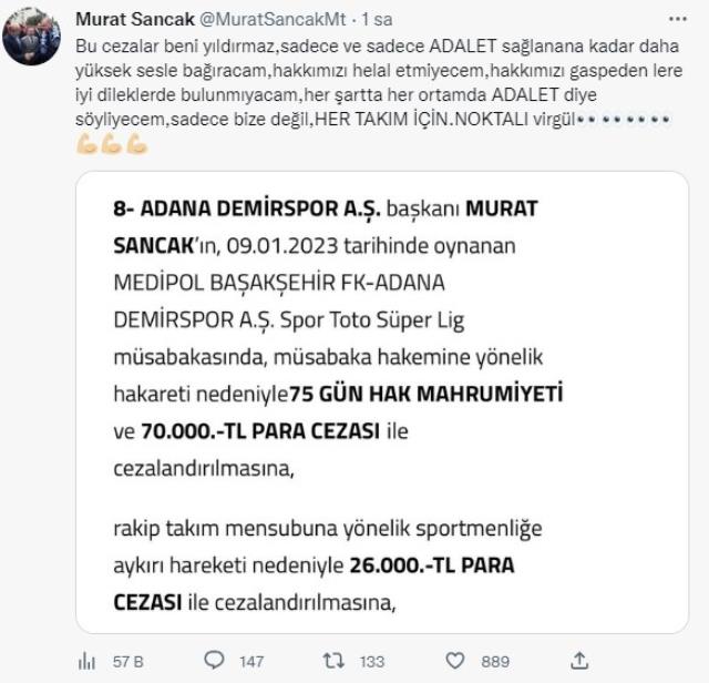 Twitter'dan isyan etti! Murat sancak'tan PFDK'nın verdiği cezaya yanıt gecikmedi