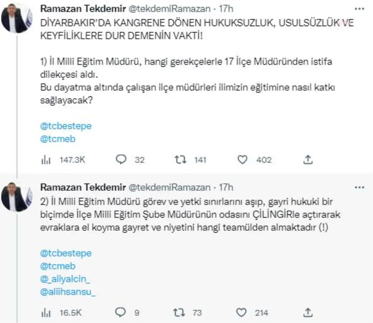 Eğitim Bir Sen Diyarbakır Şube Başkanı Tekdemir: "Diyarbakır\'da Hukuksuzluk, Usulsüzlük ve Keyfilikler Kangrene Döndü"